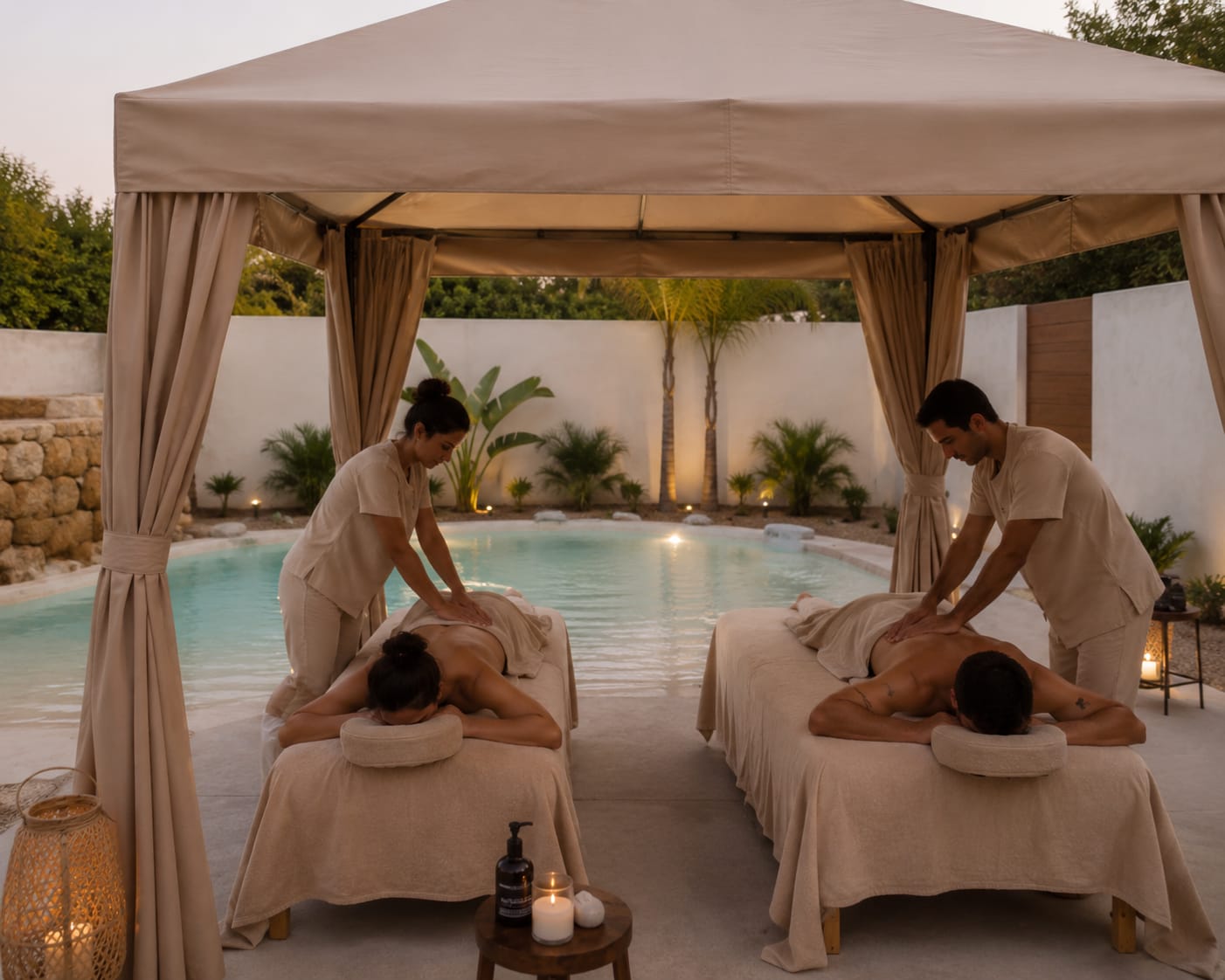 Pareja recibiendo masaje bajo palapa frente a piscina tipo playa